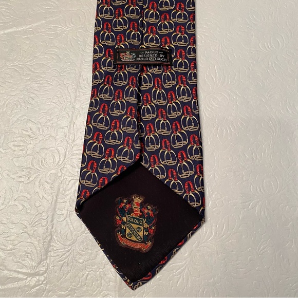 Paolo Gucci Equestrian Navy Blue Red Gold Saddle Stirrups Men’s 100% Silk Tie - Picture 5 of 6